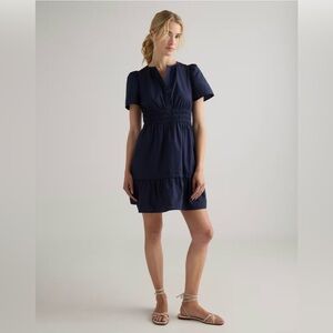 Quince 100% Organic Cotton Poplin Tiered Mini Dress in Navy- XS